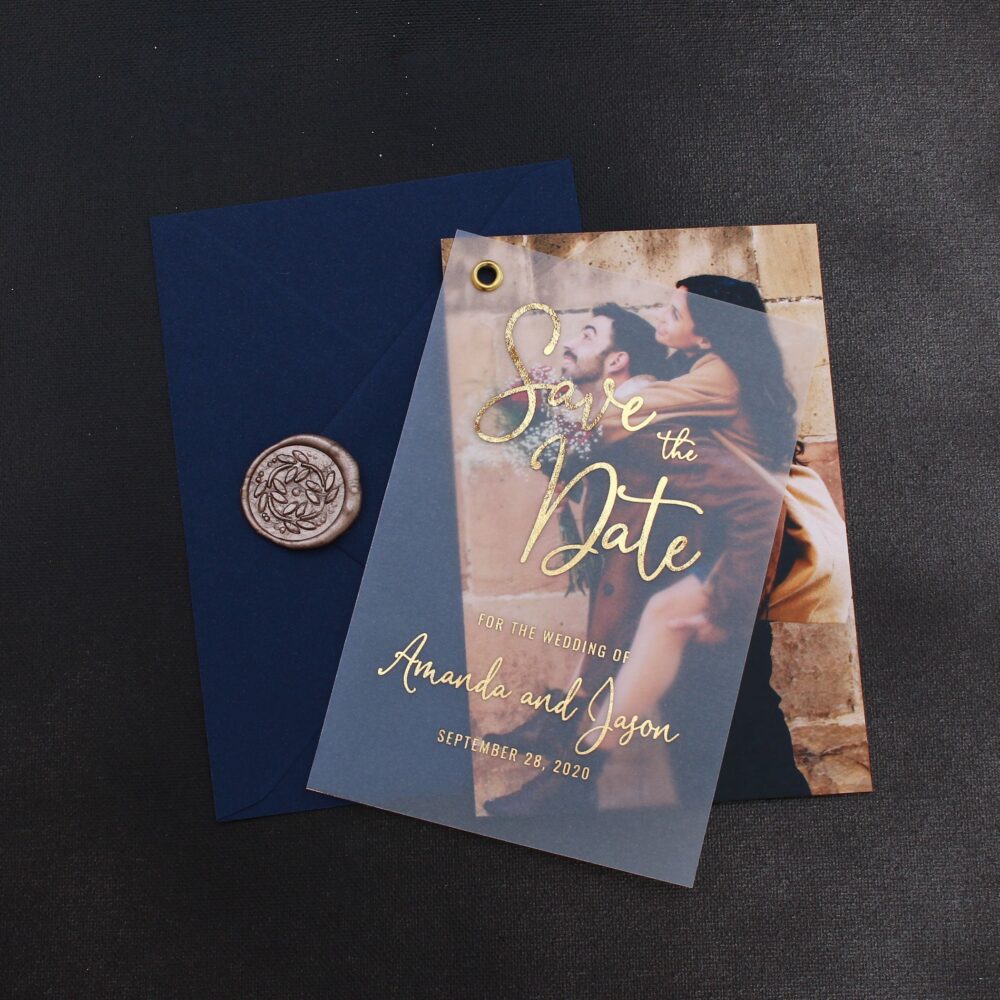 Save The Date Wedding Photo Cards Vellum Dates Gold Foil, Rose Gold, Silver Foils