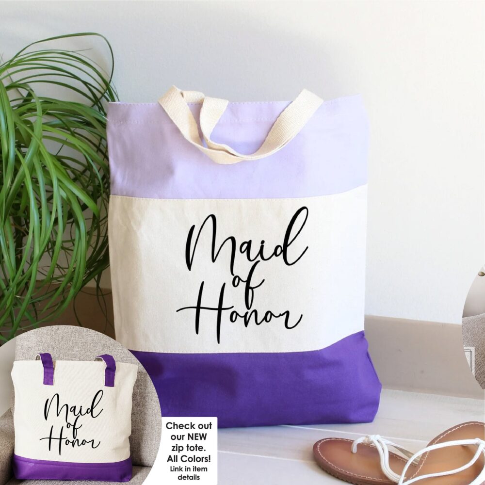 Bridesmaid Gift Personalized Bag, Maid Of Honor Tote, Custom Tote Bag Purple, Wedding, Canvas 7-28
