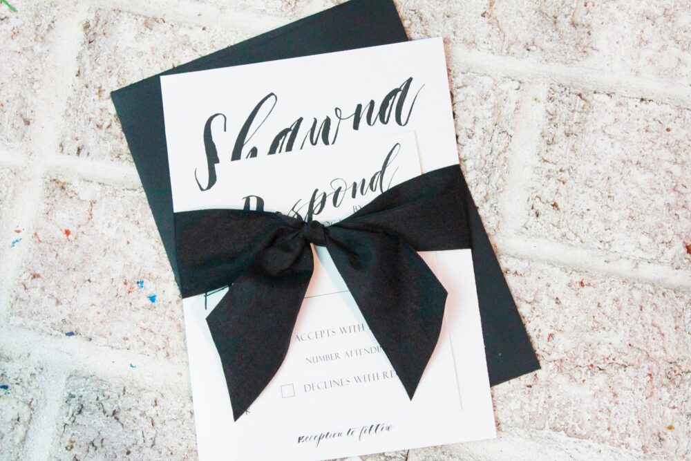 Black & White Wedding Invitation Set, Faux Silk Ribbon, Modern Formal Invitations