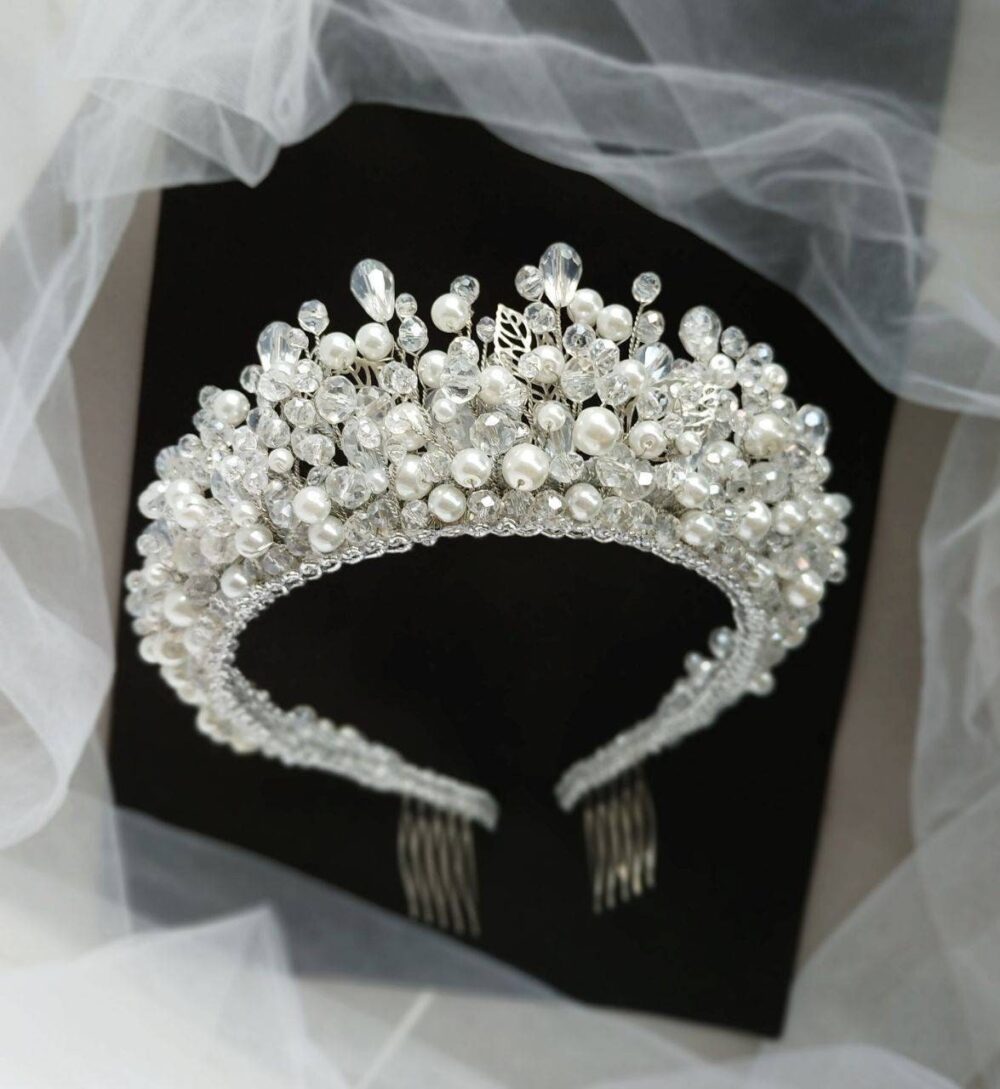 Pearl Tiara | Bridal Headband Wedding Crown With Crystal Beads