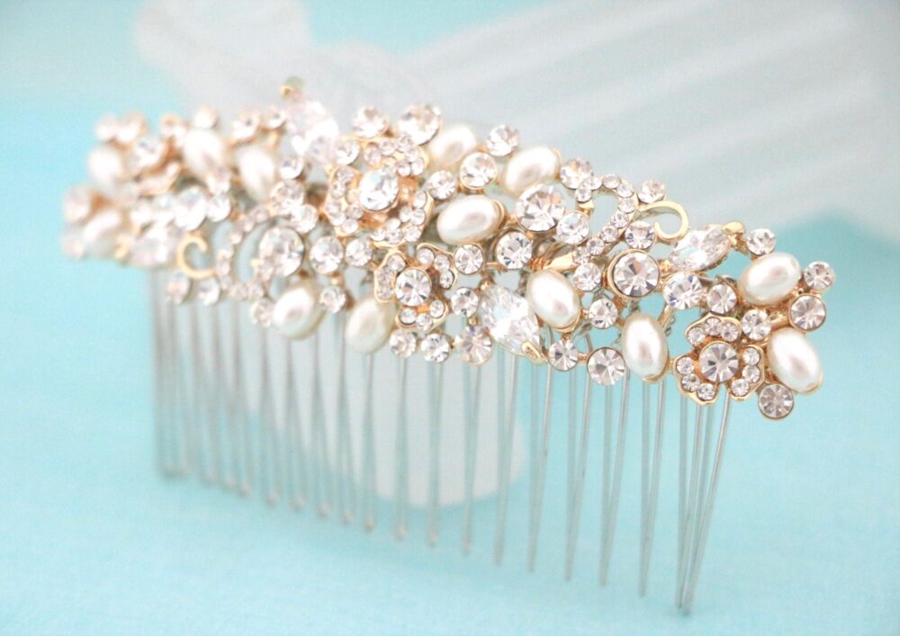 Gold Pearl Wedding Hair Comb Bridal Accessories