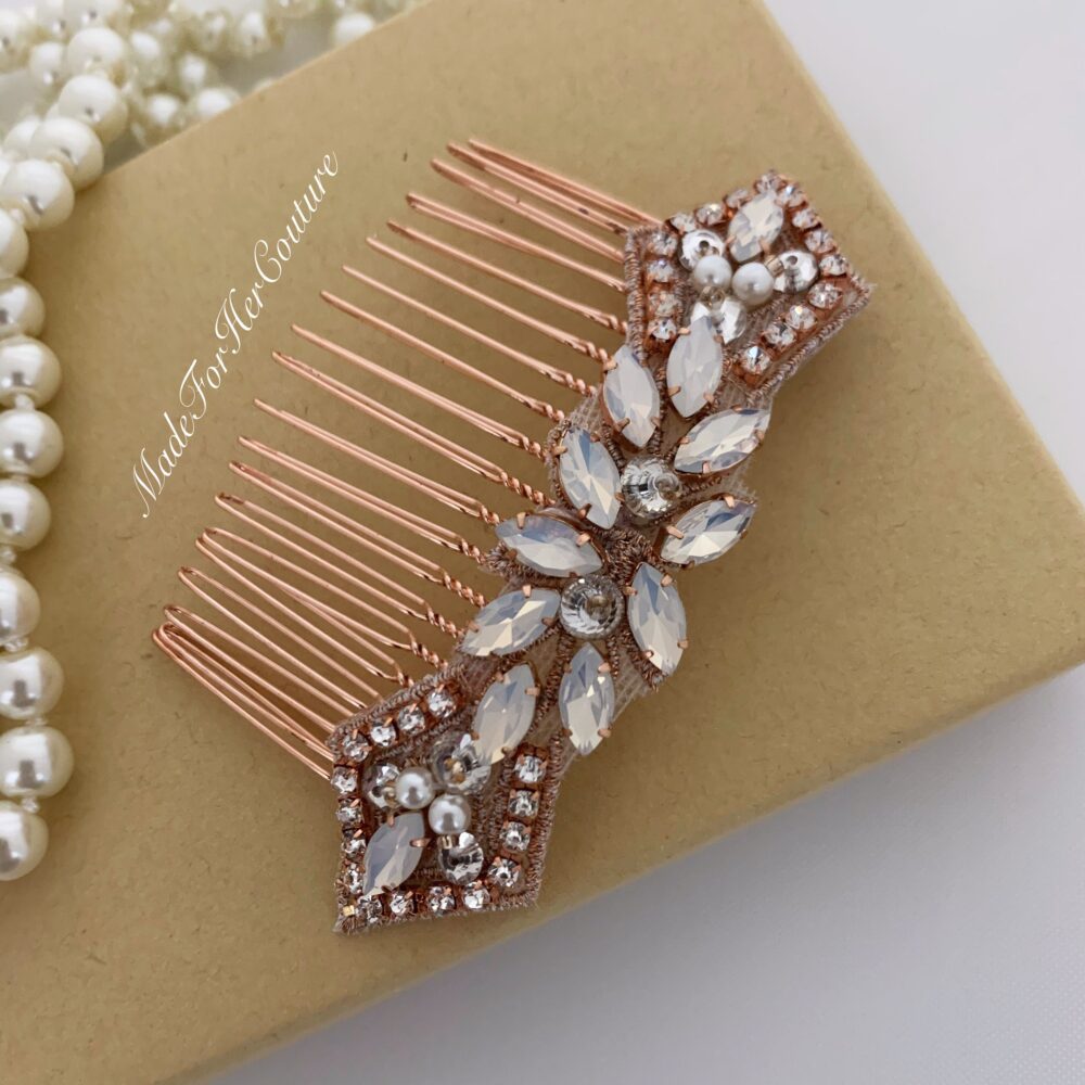 Rose Gold Wedding Hair Comb Rhinestone Pearl Bridal Headpiece