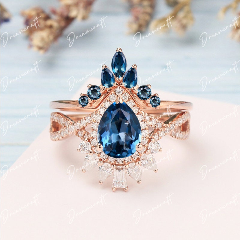 London Blue Topaz Engagement Ring Gold 14K Pear Shape Unique Sets Vintage Marquise Cut Moissanite Wedding Bridal