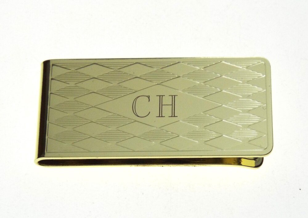 Custom Engraved Personalized Money Clip Gold Plated Diamond Pattern - Hand