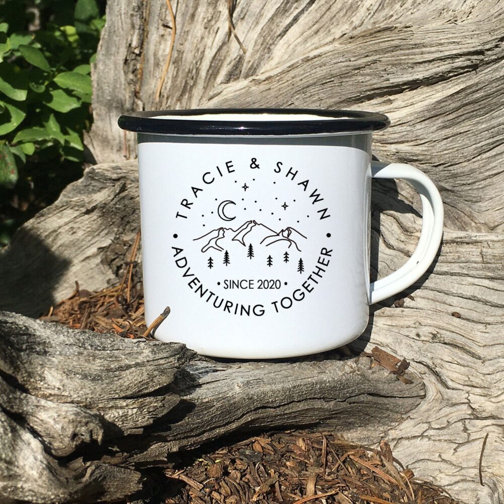 Personalized Mountain Wedding Gift Enamel Mug, Adventure Together Camping Cup, Engagement Newlywed Anniversary Gift, Couples Coffee Mug