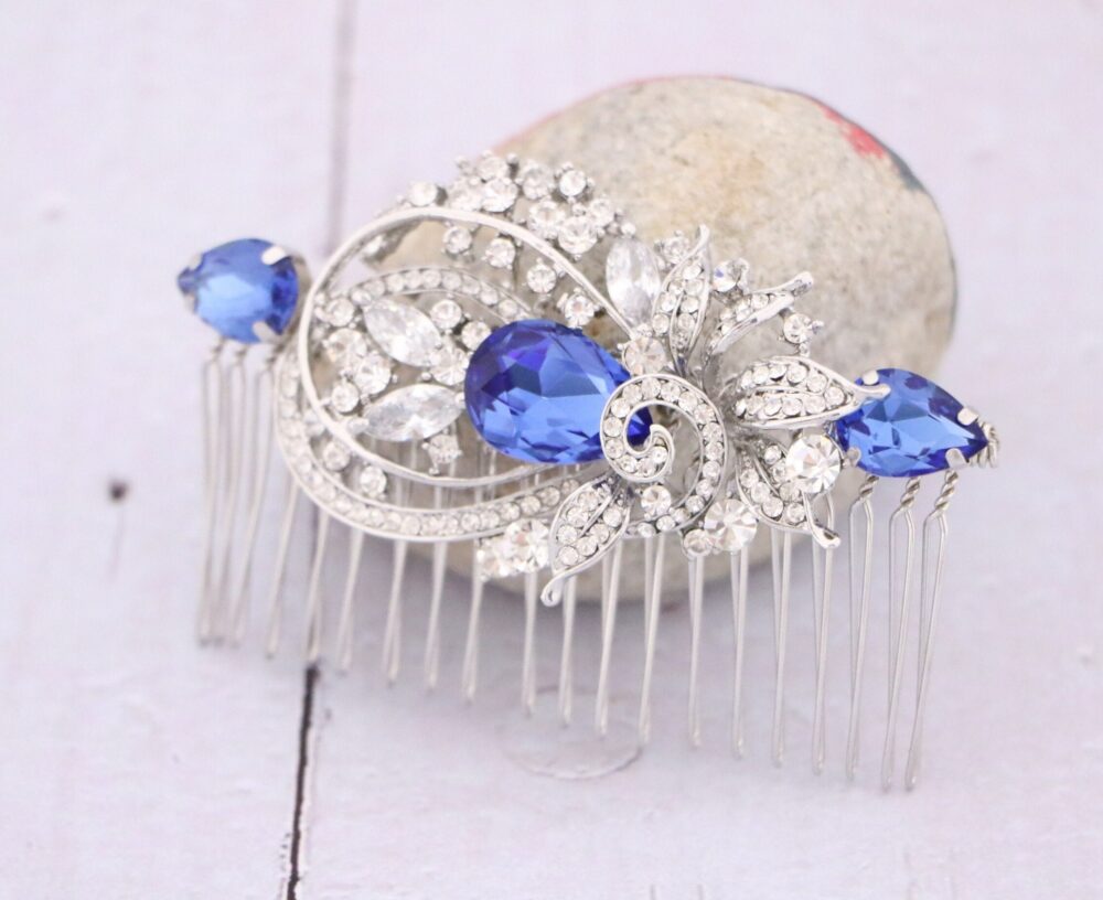 Sapphire Crystal Rhinestone Hair Comb Silver Wedding Headpiece Navy Blue Hair Accessories Blue Bridal Clip Comb