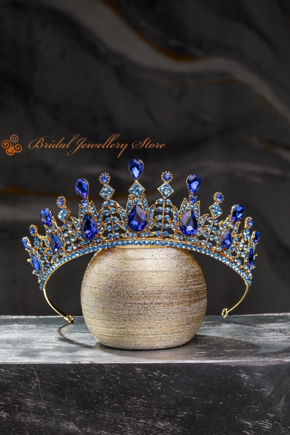 Blue Crystal Bridal Tiara, Gold Wedding Crown, Rhinestone Headpiece