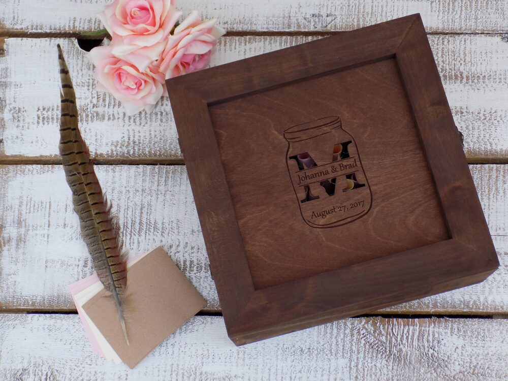 3D Mason Jar Guest Book Wooden Shadow Box Wedding Alternative Rustic Gift