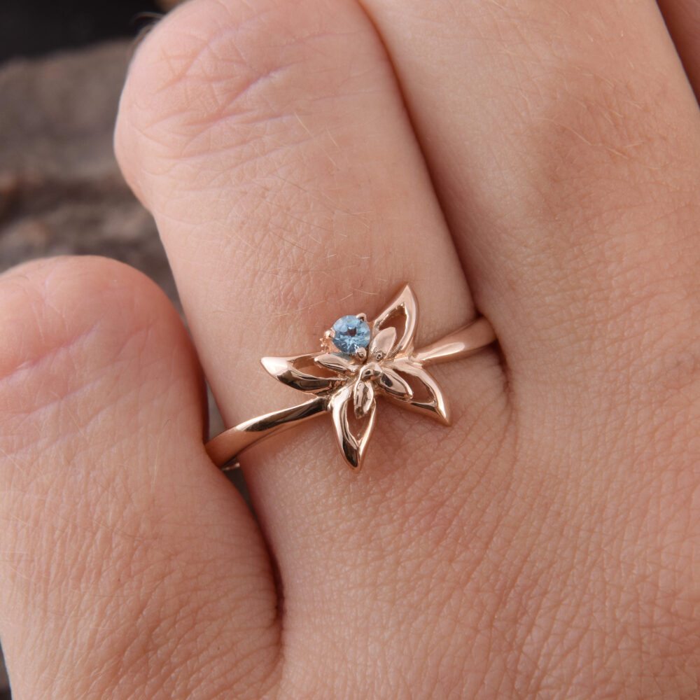 14K Rose Gold Butterfly Promise Ring For Her, Womens Blue Topaz Ring, Unique Dainty Simple