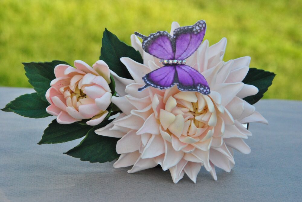 Handmade Blush Dahlia Flower Hair Clip Bridal Butterfly Piece