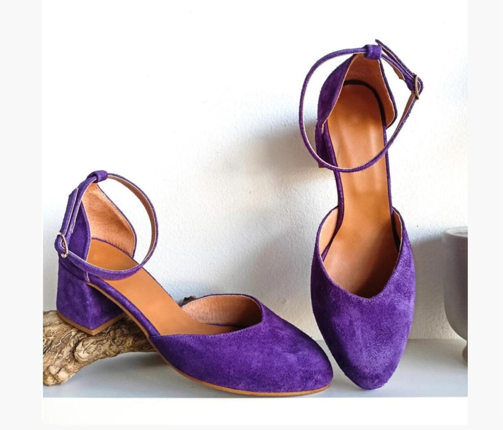 Purple Suede Pumps, Ballerinas Pumps With Ankle Strap, Leather Color, V Cut Pointy Toe, Block Heel Shoes, Women's Closed-Toe Sandals