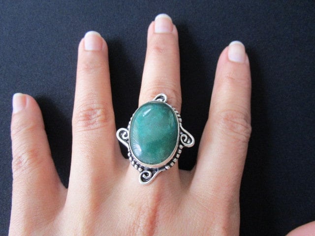 925 Stamped Silver With Elegant Oval Cut Beautiful Green Color Faux Emerald Cabochon Stone Dinner Cocktail Ring Size 8 Mom Mother's Day Gift