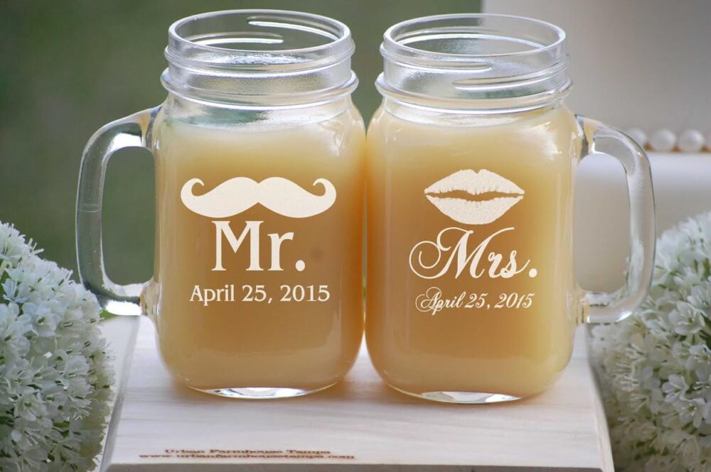 Personalized Mason Jar Mugs, Wedding Gift, Mr. Mustache - Mrs. Lips, Custom Engagement Beer Lovers Country Gift Rustic