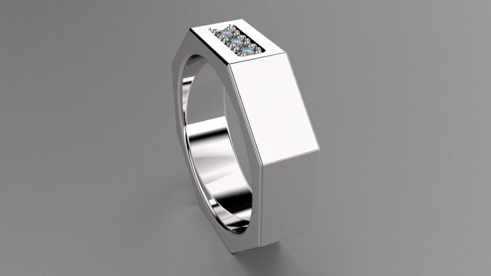 Diamond Silver 6mm Mens Wedding Band, Octagon Sterling Ring With 3 Diamonds, Perfect For A Mechanic, Nut & Bolt
