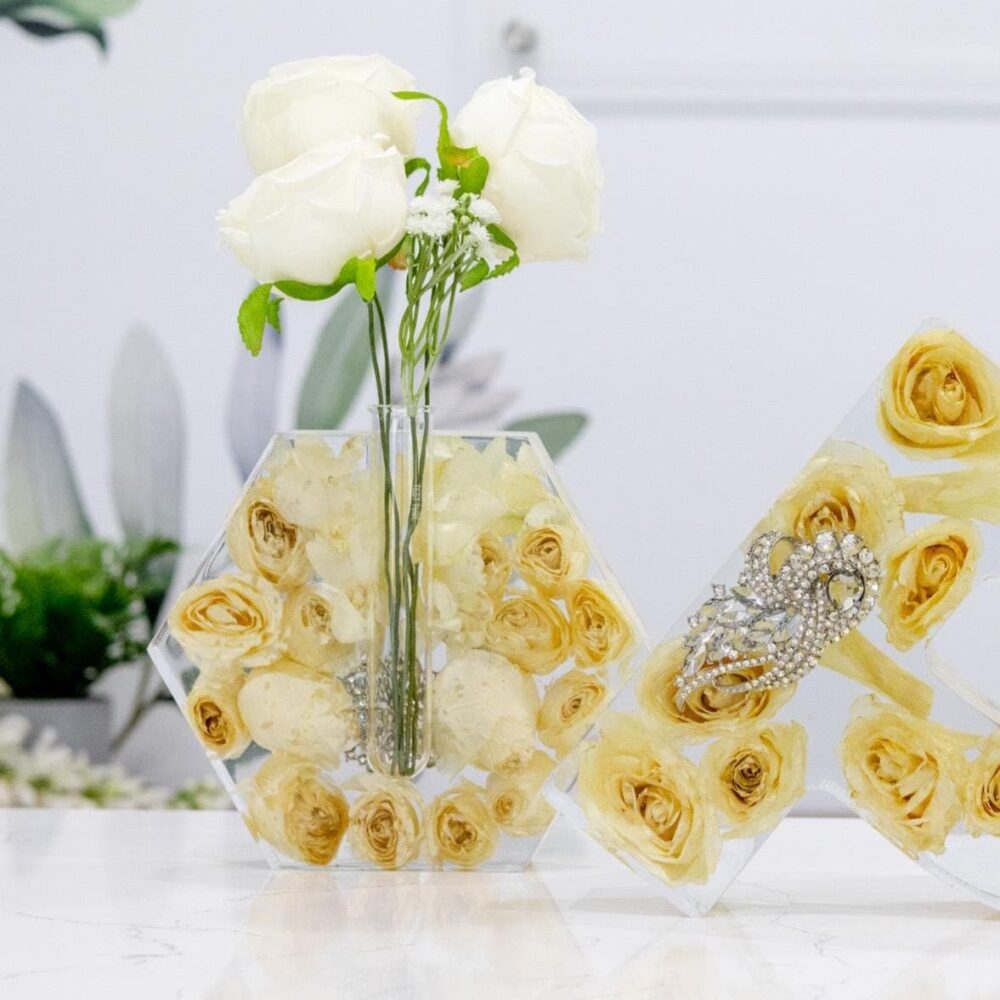 Preserved Flower Hexagon Bud Vase After Wedding Bouquet Preservation Gift For Couple Newlywed New Home