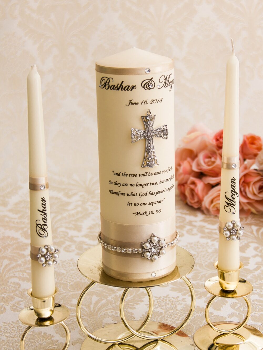 Wedding Unity Candle Set Gold Cross Church Candles Décor