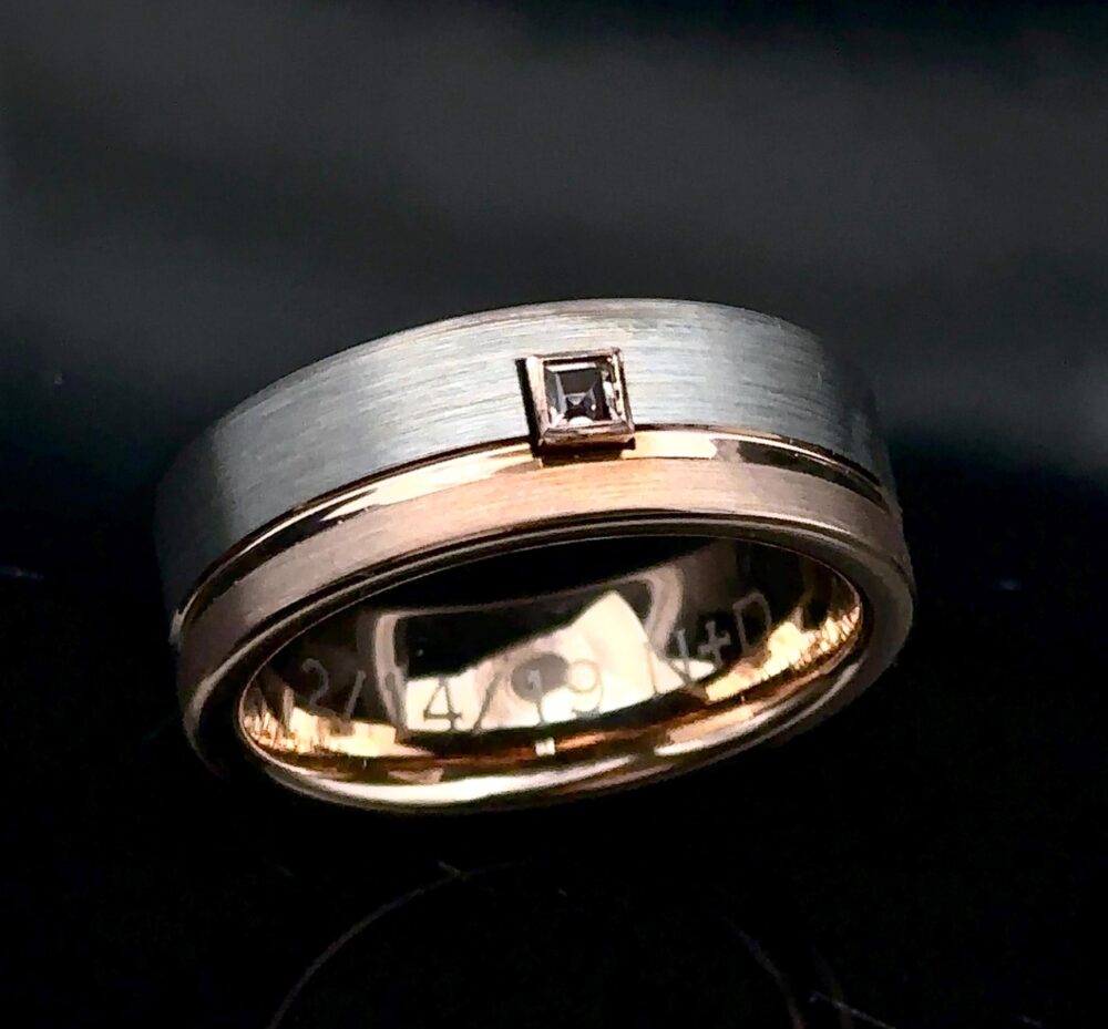 Two Tone Tungsten Band 8mm Silver & Rose Gold Morganite Gemstone Unisex Personalized Gift