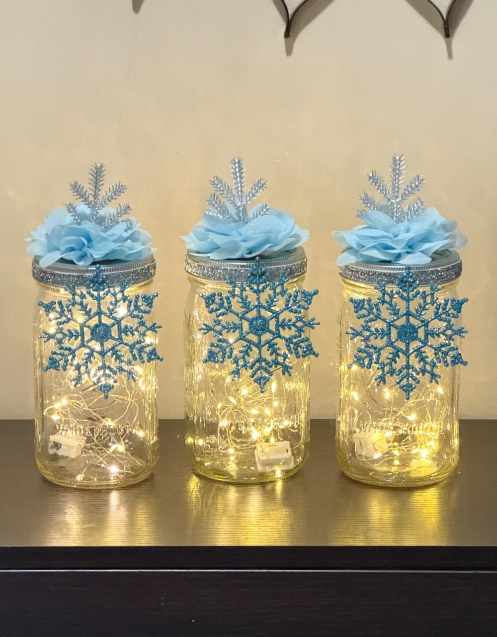 Christmas Decoration Snowflake Centerpieces Mason Jar Baby Shower With Fairy Lights Set Of 3 Winter Centerpiece Decor