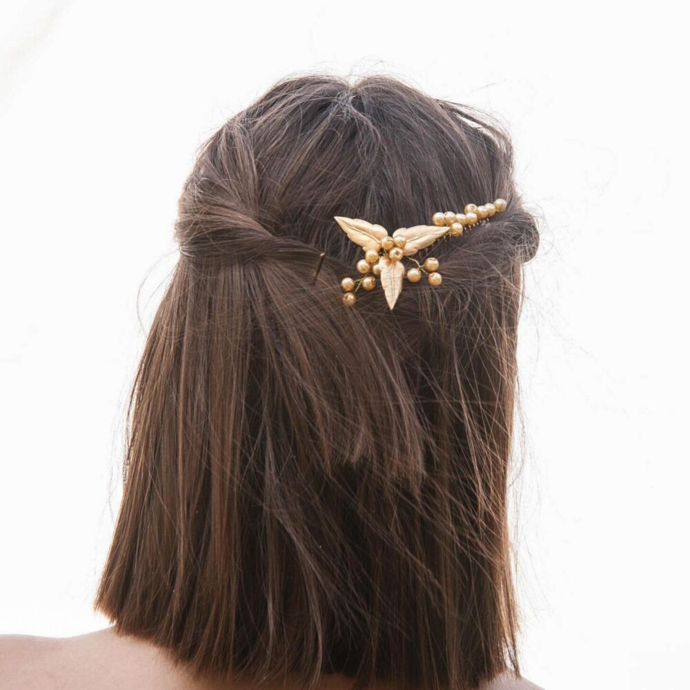 Gold Leaf Wedding Hair Comb Brassy Metal Leaves & Pearls