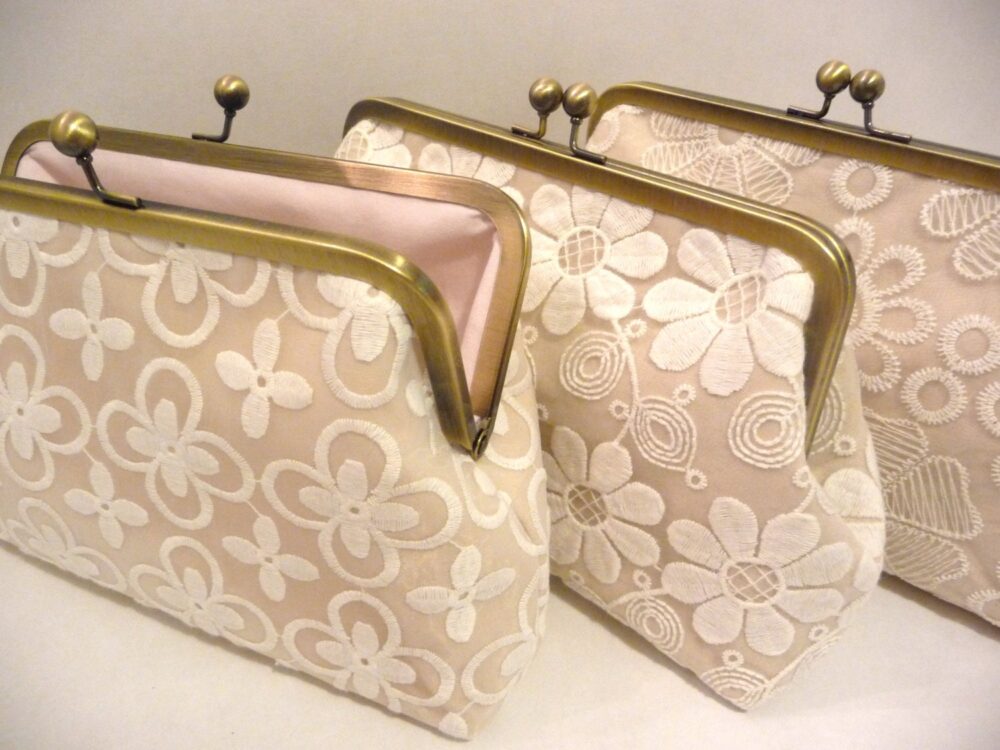 Lace Clutch Set Of 3 Bridesmaid, Champagne Wedding Purse With Vintage Style Lace, Personalized Gift Set, Eight Inch Frame