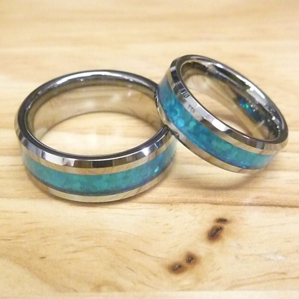8mm/6mm Blue Hawaiian Fibre Inlay Rings With Bevelled Edge, Custom Engraved Dainty Rings, Tungsten Wedding Bands Set Couples Gift
