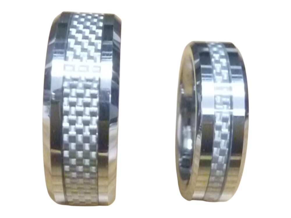 Custom Laser Engraving Ring - 8mm/6mm Tungsten Carbide Beveled Edge Gray Carbon Fiber Inlay Wedding Band Set Gift For Her & Him