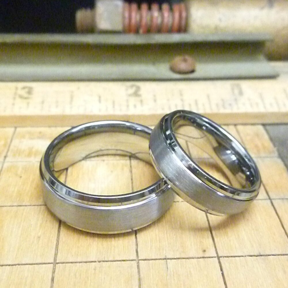 step Edge Brushed Matching Couple Rings, Durable & Personalised Engraved Ring Set, Custom Wedding Band, Tungsten Carbide Promise Band Set