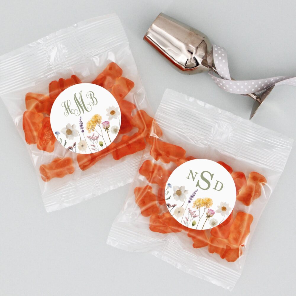Champagne Gummy Bear Wedding Favors, Monogram Bridal Shower Bachelorette Wildflower Favors -Set Of 20