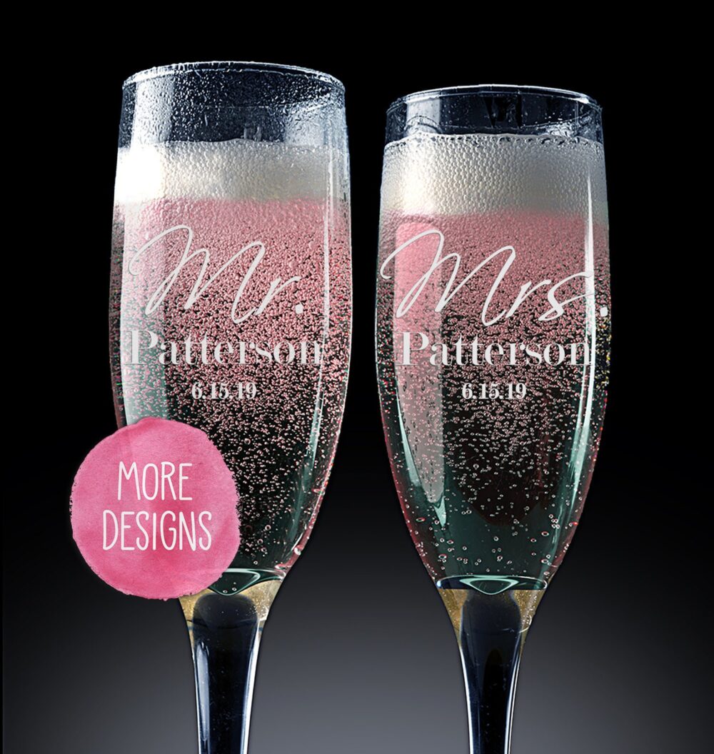 Set Of 2, Mr. Mrs. Wedding Champagne Flutes, Personalized Flute Favors, Custom Bride & Groom Glasses, Pcg