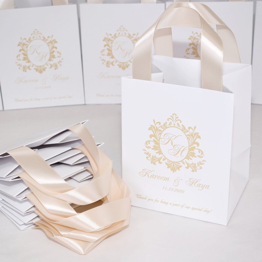 25 Champagne Wedding Monogram Bags For Party Favors Guests, Elegant Personalized Welcome Bags With Satin Ribbon Handles & Names
