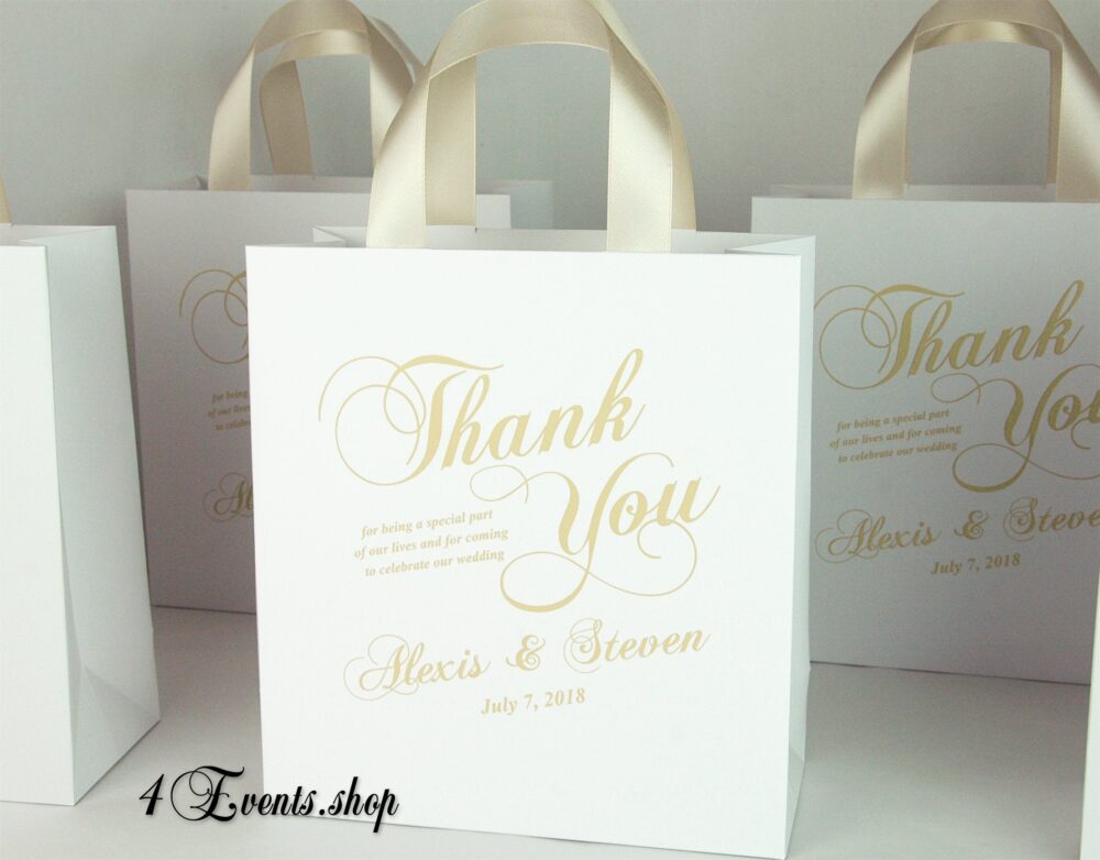 35 Champagne Personalized Wedding Welcome Bags With Satin Ribbon Handles & Your Names, Elegant Wedding Gifts Favors For Hotel Guests