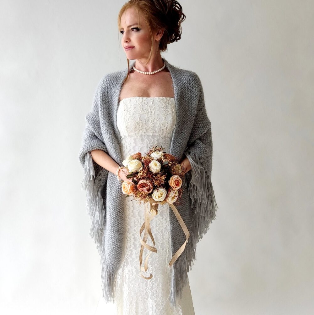 Wedding Shawl, Bridal Cover Up, Gray Winter Wrap, Silver Bridesmaid Gift, Fringed Wool Mohair Evening Stole, Triangular Warm