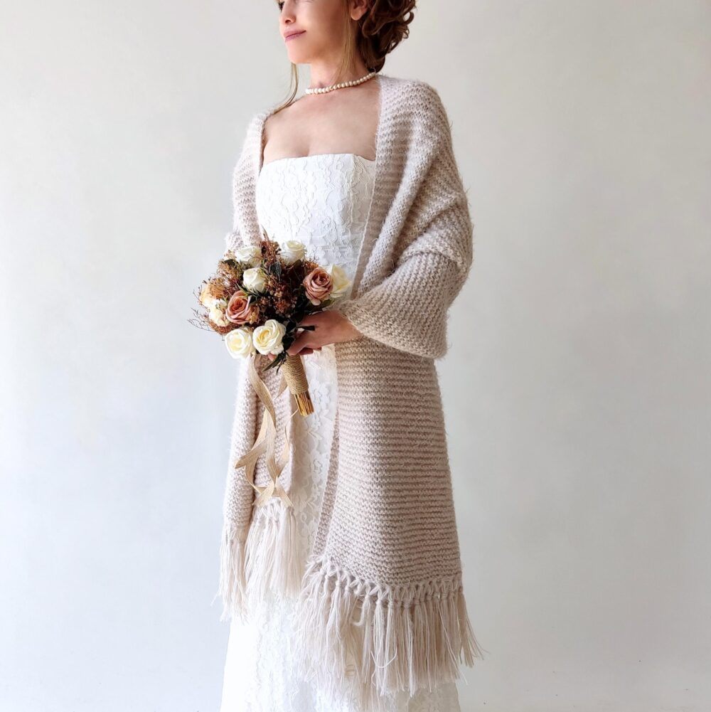 Beige Wedding Shawl, Champagne Cover Up, Bone Winter Wrap, Bridesmaid Gift, Fringed Wool Mohair Evening Stole, Rectangular Warm