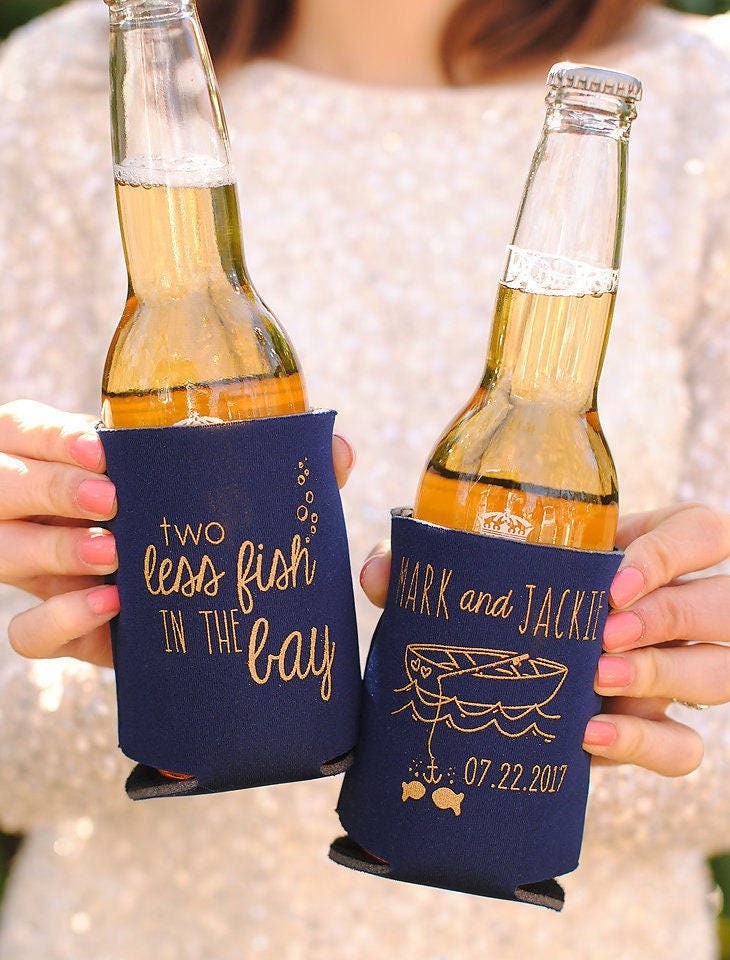 Bay Wedding Favors - Personalized 2 Two Less Fish in The Can Coolers, Spring Wedding, Summer Beer Insulators