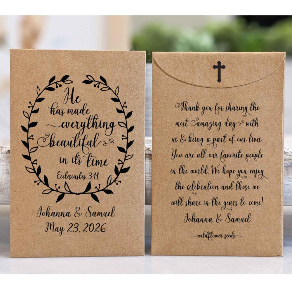 Bible Verse Seed Packet Wedding Favor, Rustic Bridal Shower, Customized Christian Favors, "He Has Made Everything Beautiful in Its Time'