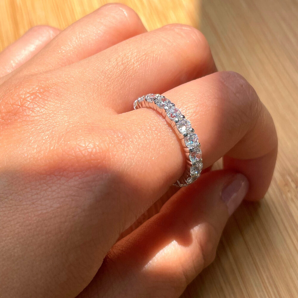 4mm Eternity Band Ring, Sterling Silver Full Wedding Band, Cubic Zirconia, Stackable Engagement Bridal