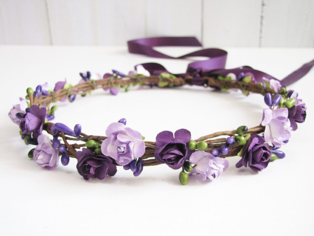 Plum Floral Crown, Two Flower Color Headband, Purple Lavender Wedding Bridesmaid Girls Headband