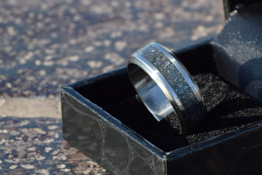 Wedding Ring, Stainless Steel Ring With Crushed Antimony Inlay
