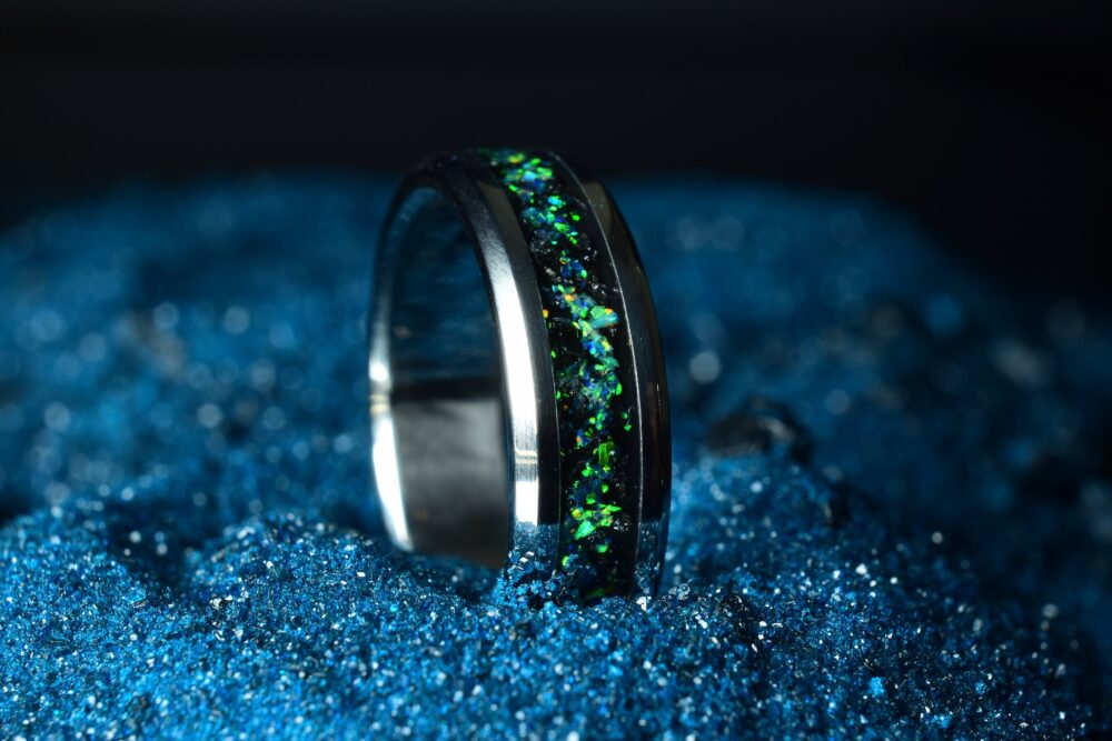 Wedding Ring, Promise Stainless Steel Ring With Crushed Obsidian & Dark Green Opal