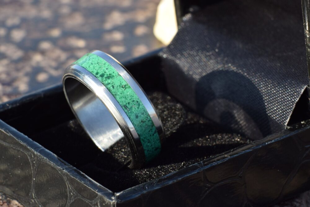 Wedding Ring, Stainless Steel Ring With Crushed Malachite Inlay