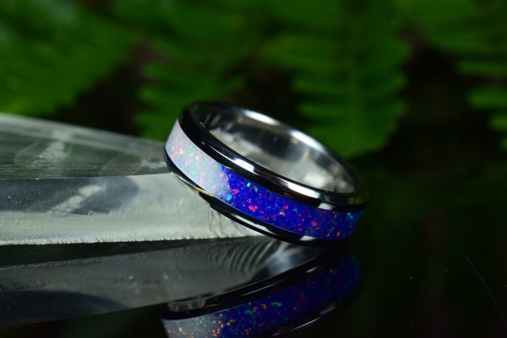 Wedding Ring, Stainless Steel Ring With Crushed Dark Blue & White Opal