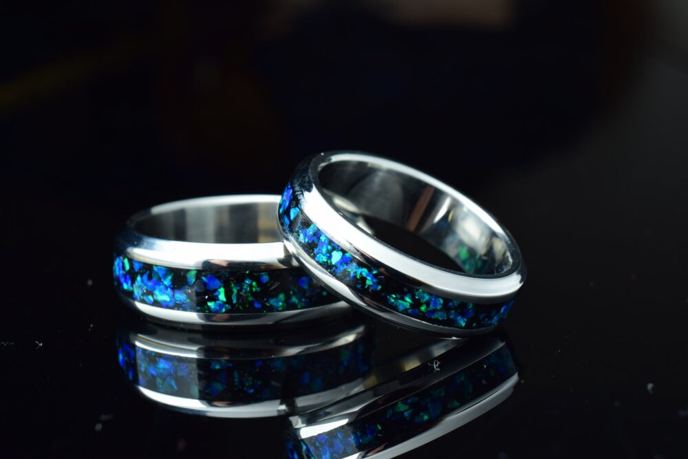 Wedding Ring, Promise Stainless Steel Ring With Crushed Black Tourmaline & Blue Opal