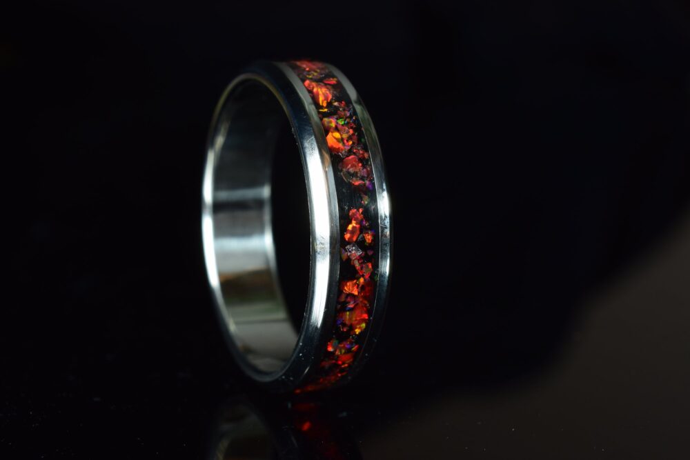 Wedding Ring, Promise Stainless Steel Ring With Crushed Black Tourmaline & Ruby Red Opal