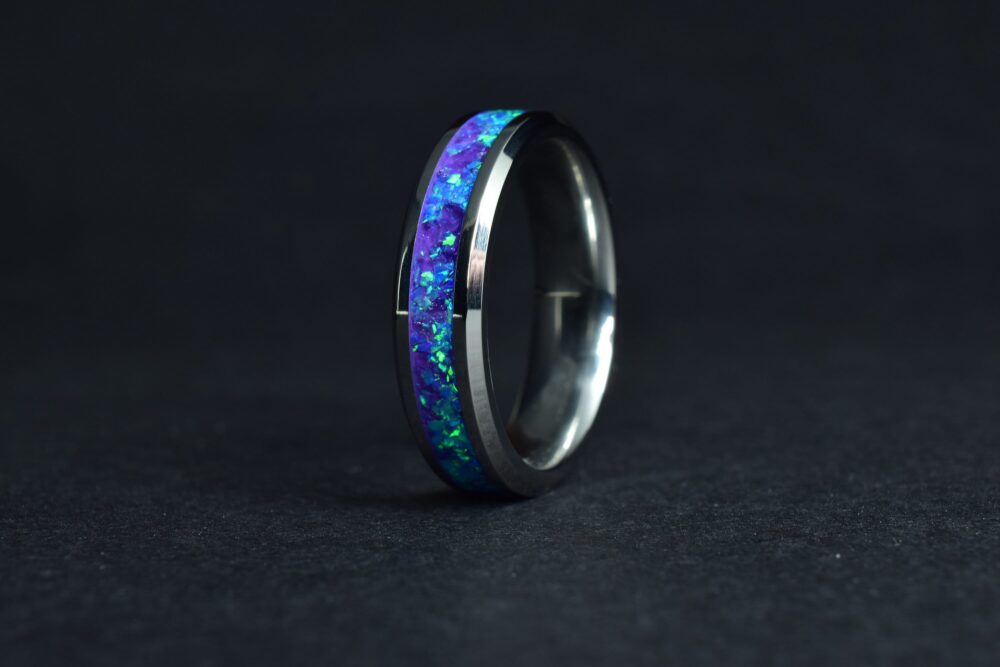 Wedding Ring, Stainless Steel Ring With Crushed Natural Amethyst & Ocean Blue Opal Inlay - Engraving Optional
