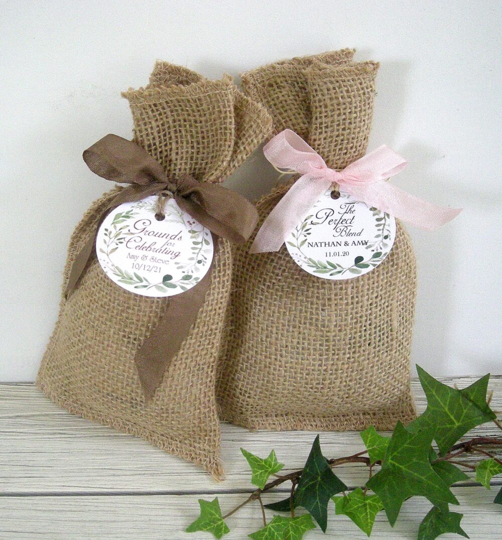 Custom Favor Bags The Perfect Blend Personalized Wedding Favors Burlap Coffee W Tags Bridal Shower