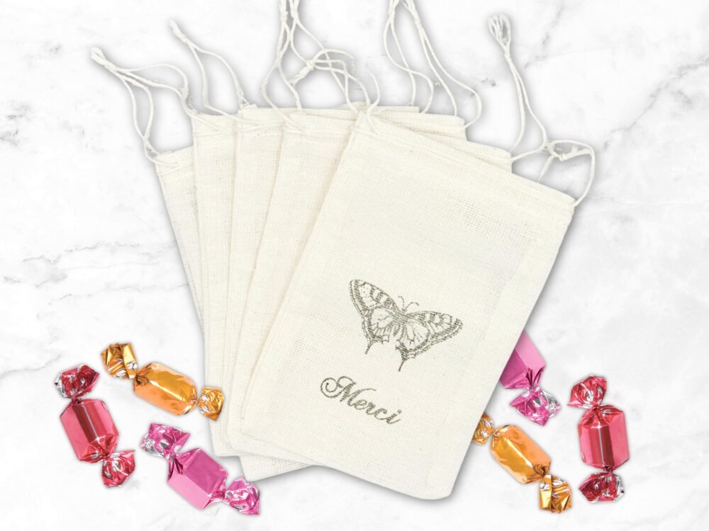 Hand Stamped Favor Bags For Wedding, Shower, Or Party - Merci Gift Bags With Vintage Butterfly Eco Friendly Gift Wrap Guests