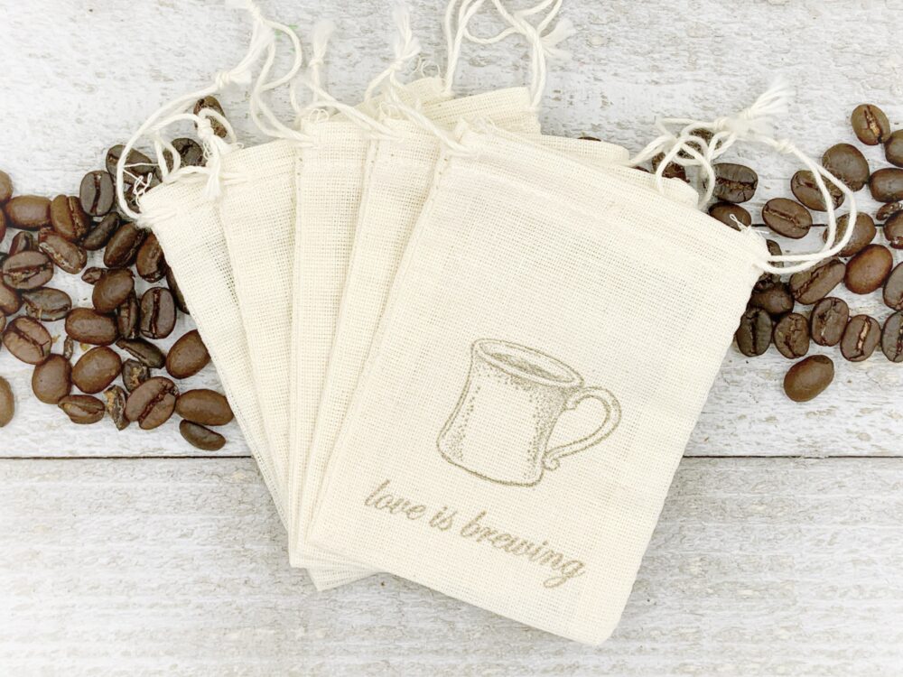 Coffee Favor Bags For Wedding, Shower, Or Party - Hand Stamped Coffee Tea Favor Bags Love Is Brewing, Cloth Cotton Gift Bag Guests
