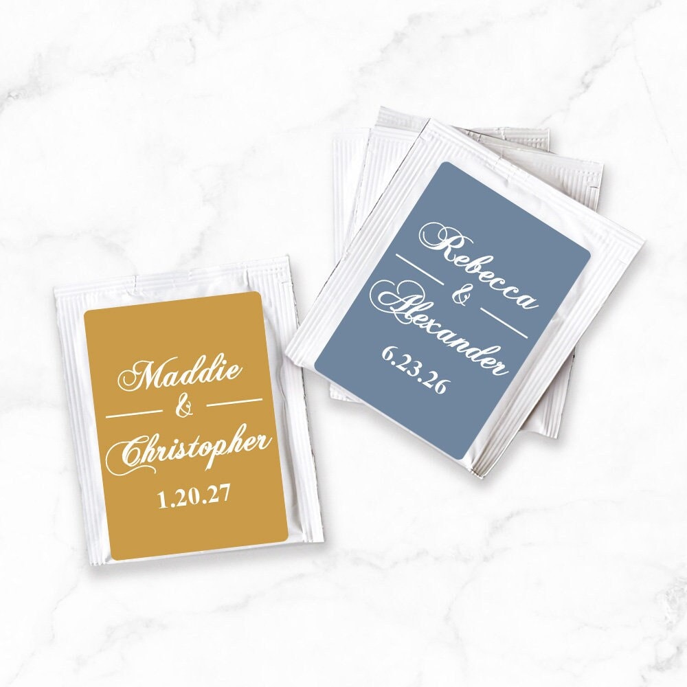Set Of 16 Personalized Tea Favors Ampersand Couples Names, Wedding Party 822