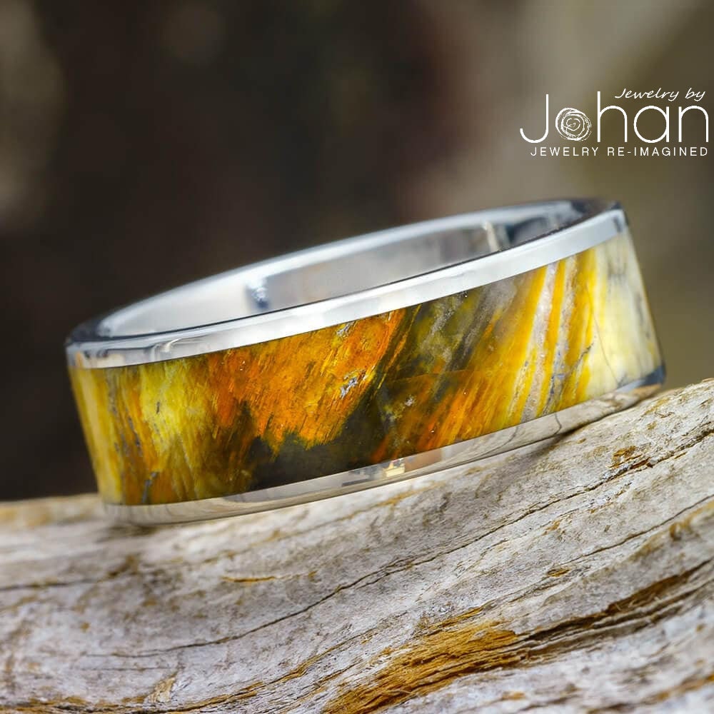 Petrified Wood Wedding Band in Titanium, Unique Ring For Man Or Woman