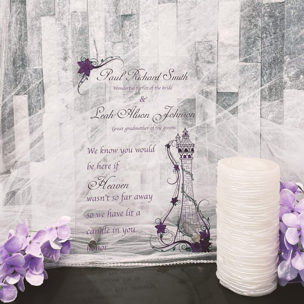 Acrylic Tangled Tower Remembrance Sign Memorial Clear Frosted Wedding Decor in Memory